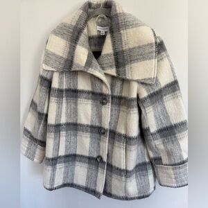 Susan Graver Plaid Pea Coat in Grey and Cream wool blend mohair style SMALL